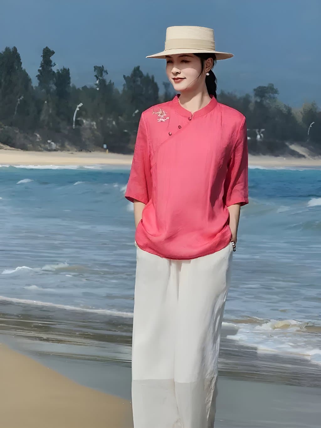 Roselyn Floral Pink Ramie Qipao Blouse - 2