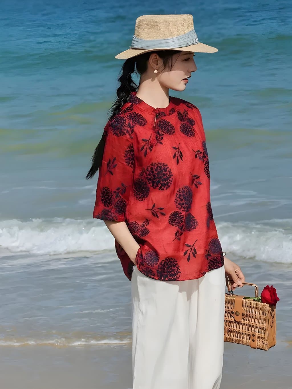 Siena Floral Red Ramie Blouse - 2