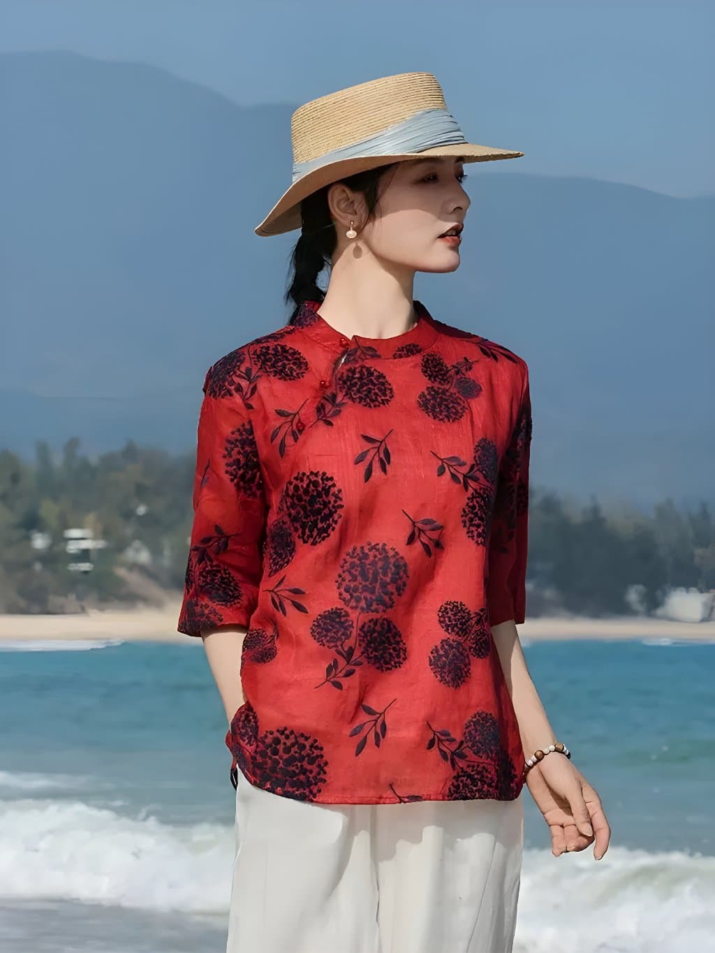 Siena Floral Red Ramie Blouse - 1